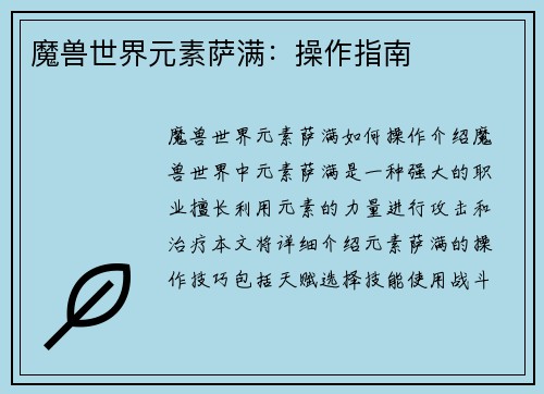 魔兽世界元素萨满：操作指南